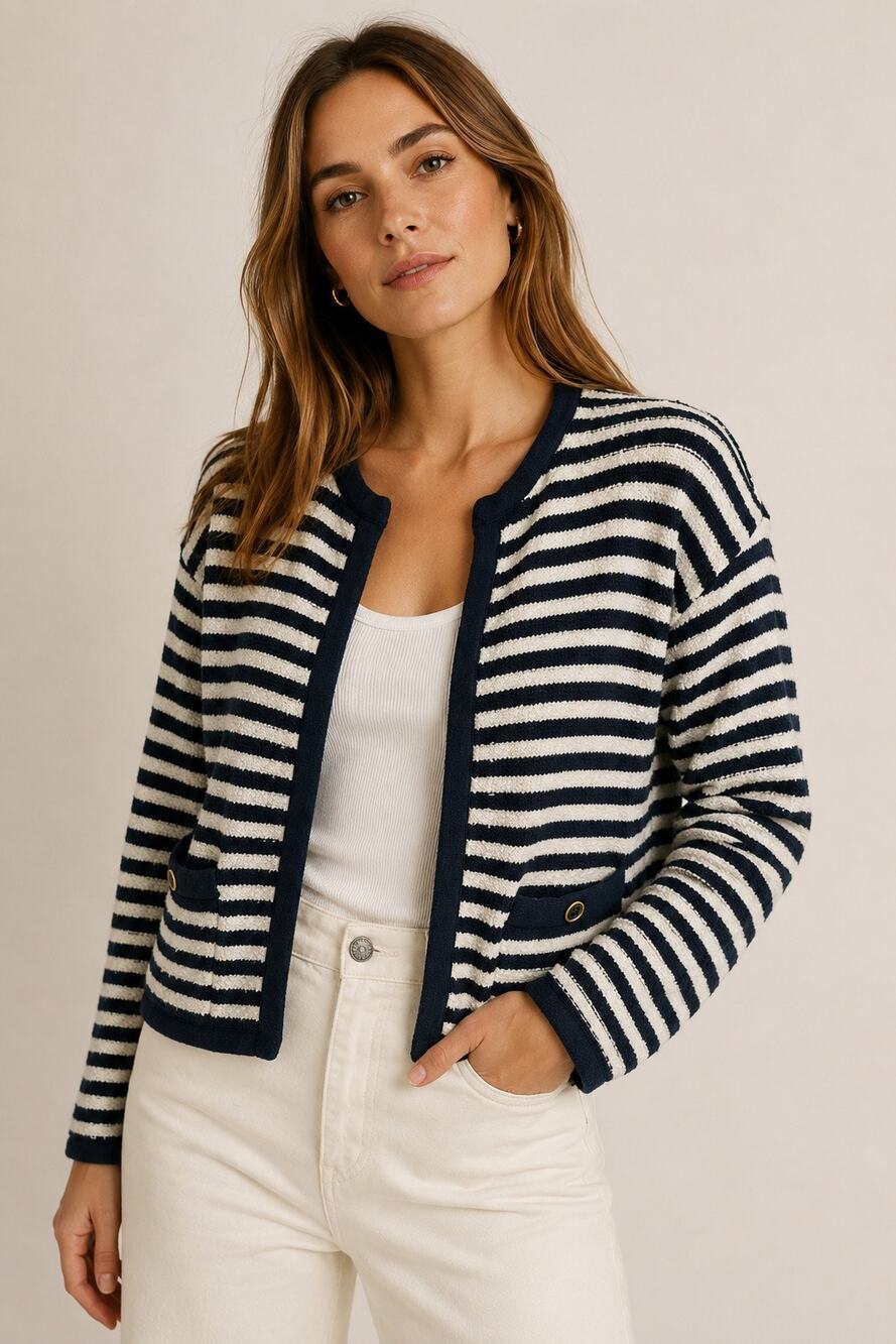 J.Crew Navy Ivory Striped Bouclé Lady Jacket Cardigan Sweater Small